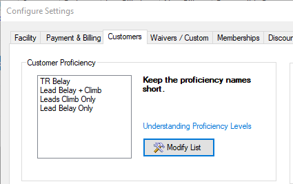 Customer proficiency settings interface
