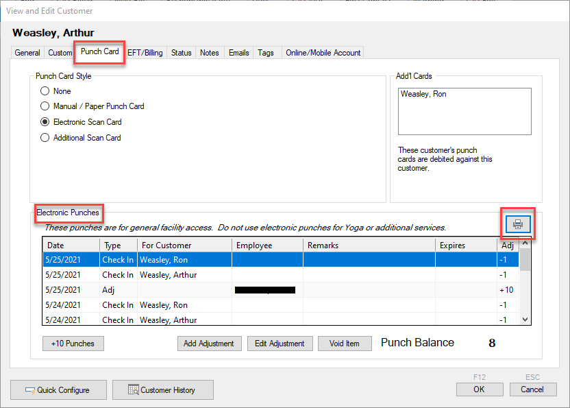 Punch card management interface screenshot.