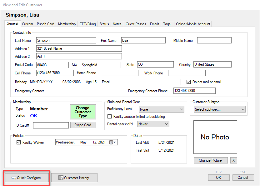 Customer information form interface