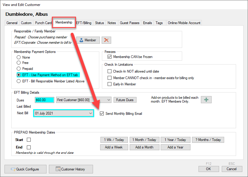 Membership billing settings screen.