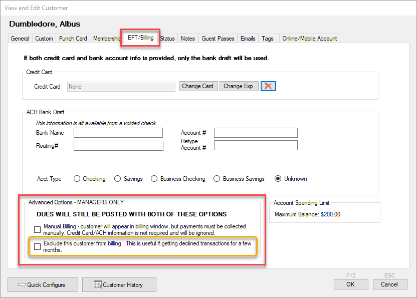 Customer billing options screen.