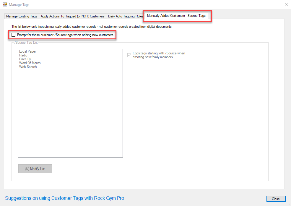 Manage Tags window with source tag options.