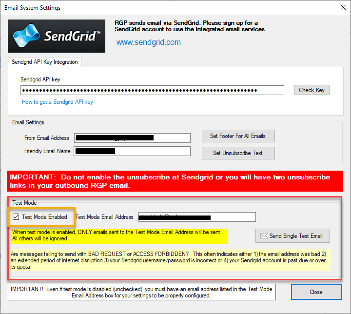 Email system settings with SendGrid integration.