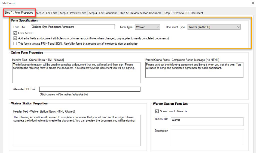 Form editing interface with waiver details.