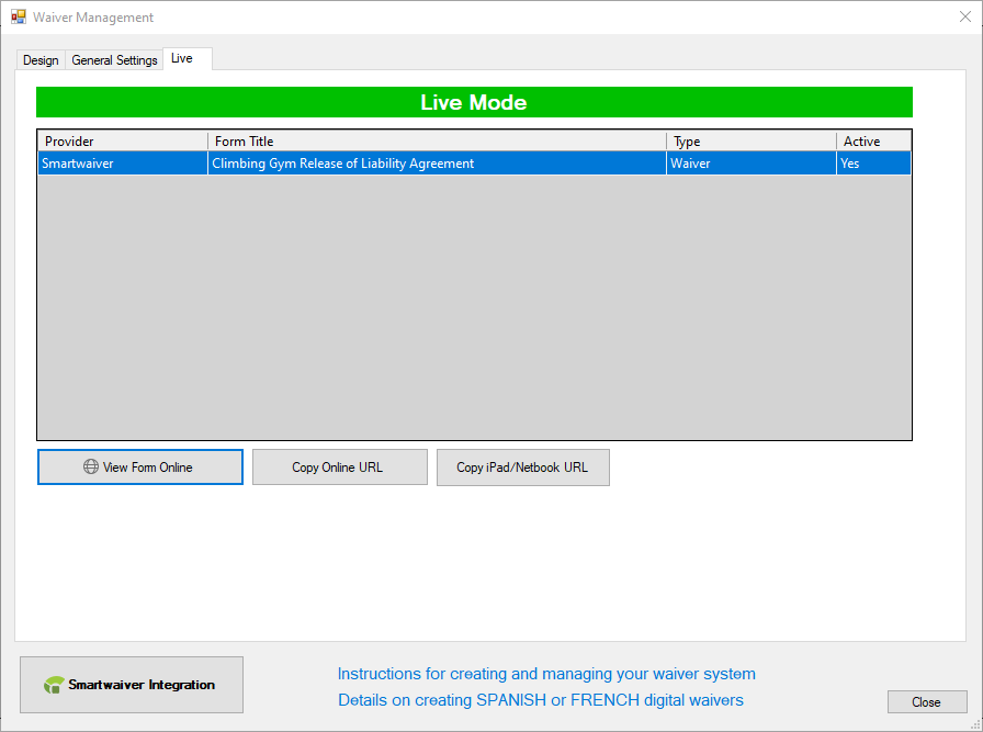Waiver management software interface.