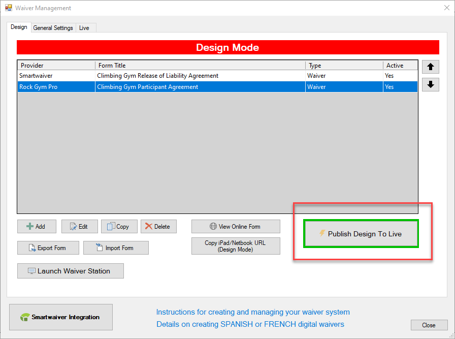 Waiver management design mode interface.