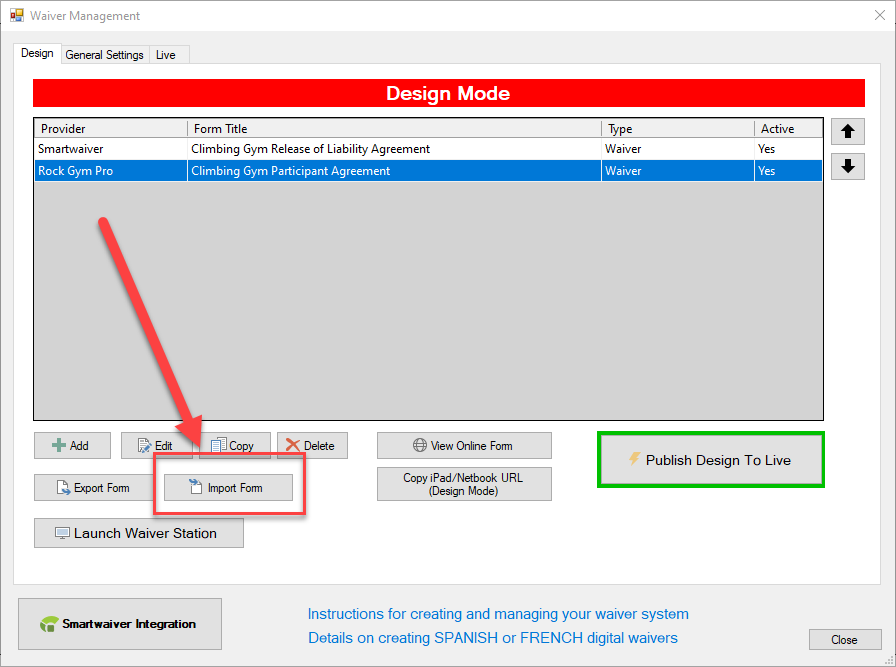 Waiver management interface with import form option.