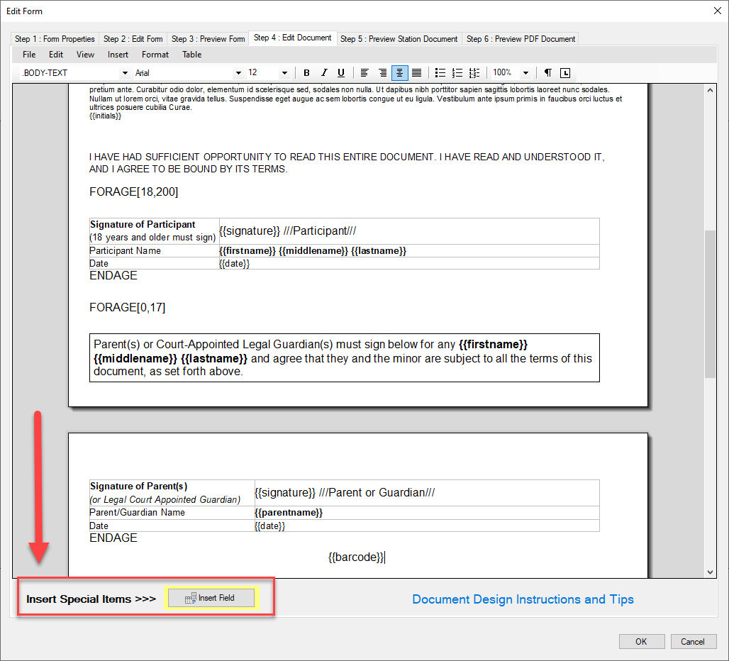Document editing interface with form fields.