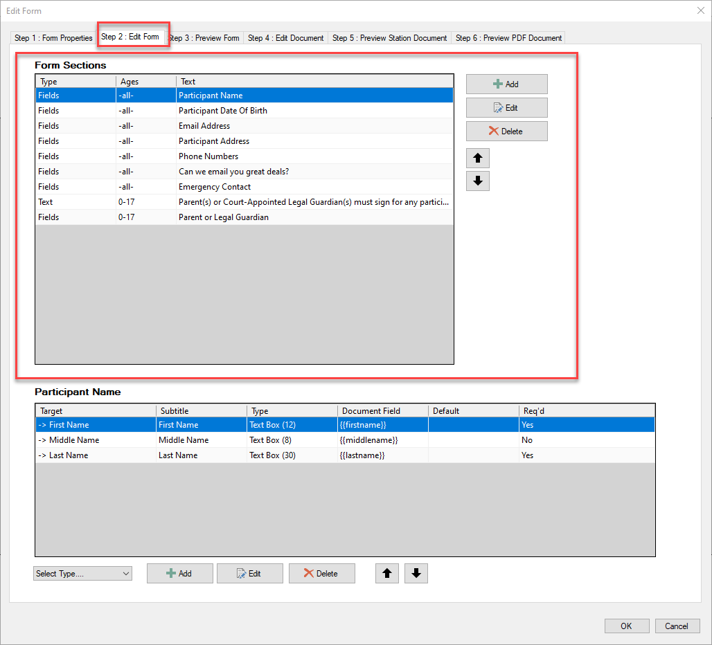 Form editing interface with participant details.