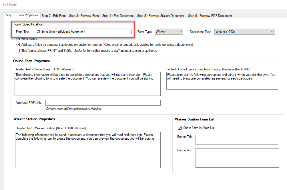 Form editing interface with various settings.