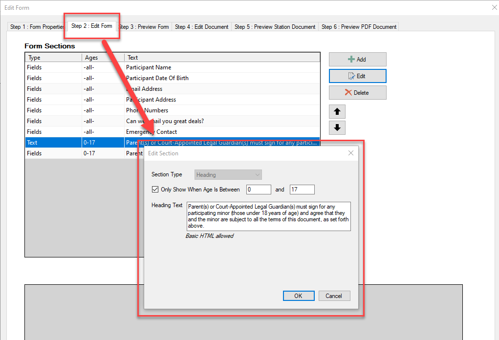 Form editing interface with age settings.