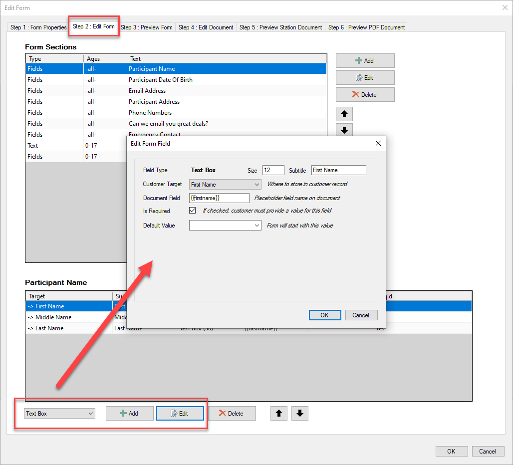 Form editing window with text box settings.