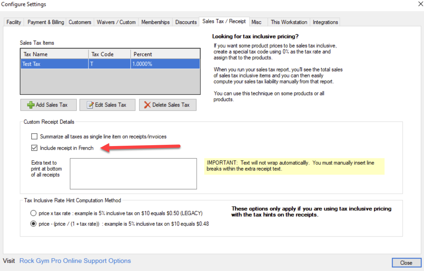 Tax settings configuration window.