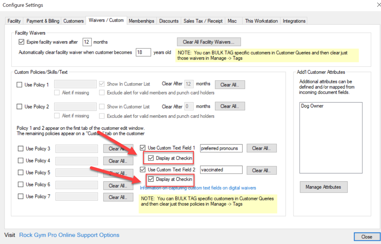 Configuration settings window with checkboxes.