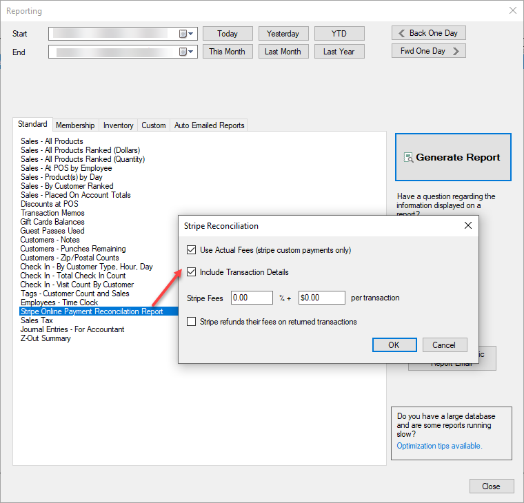 Stripe reconciliation settings window.