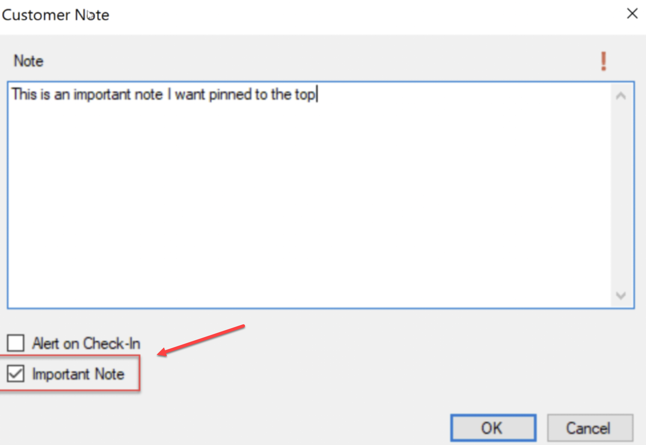 Customer note with important checkbox checked.