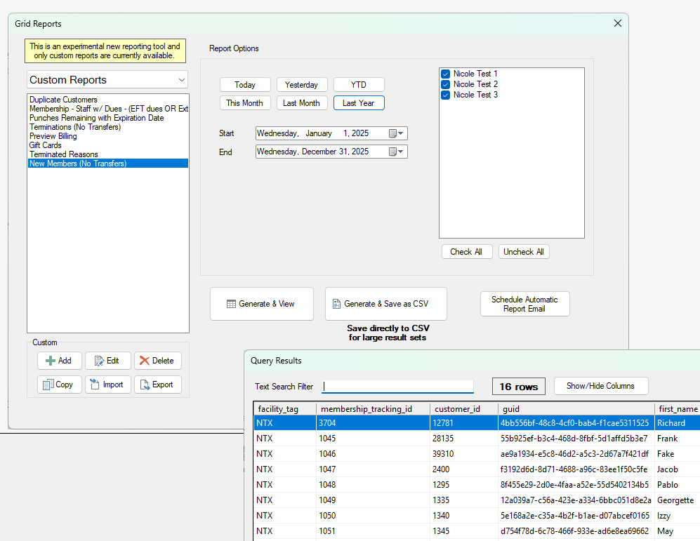 Grid Reports interface showing report selection, date filters, and multi-location options