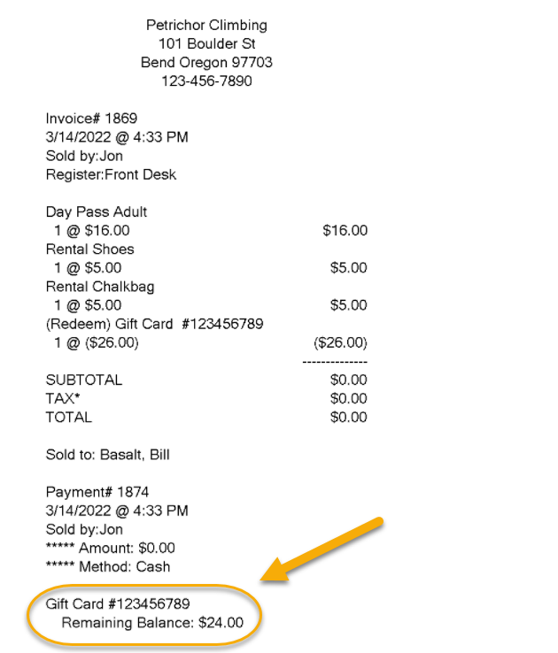 Receipt with gift card balance highlighted.