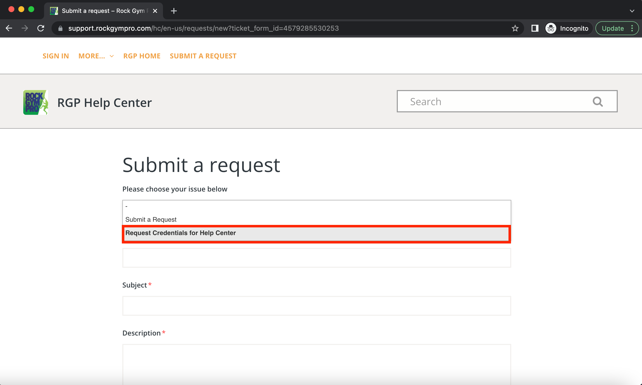 Submit a request form on RGP Help Center page.