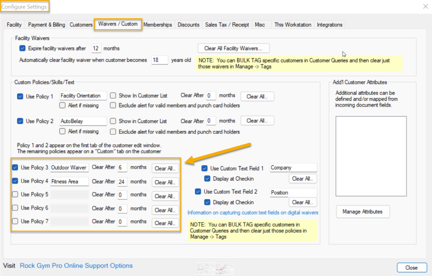 Settings window with waiver options.